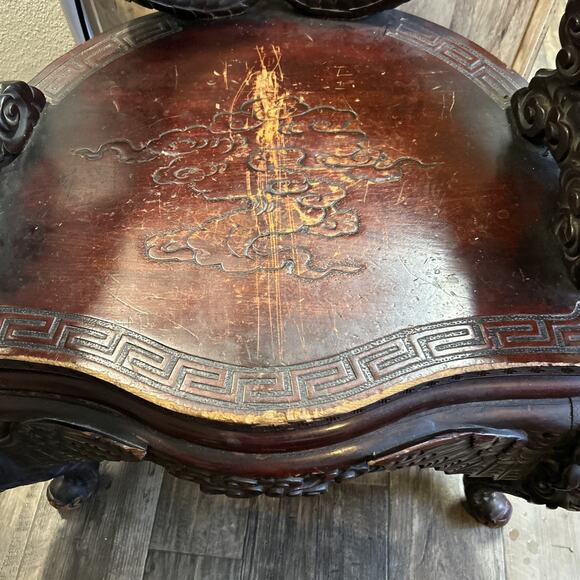 Late 19th century Chinese dragon carved armchair with medallion back 27"L x 21"W - Picture 8 of 12